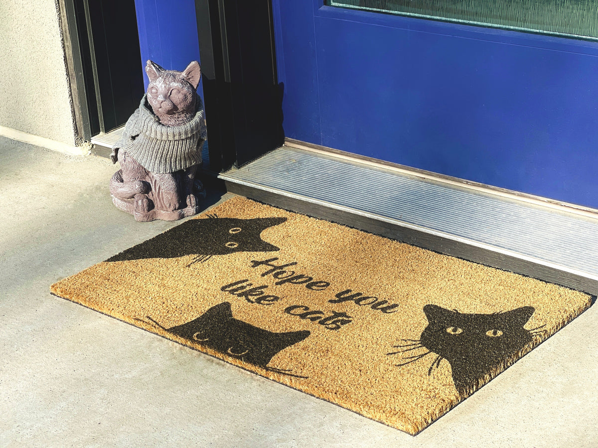 Doormat with cat design and text 'Hope you like cats' in front of a blue door.