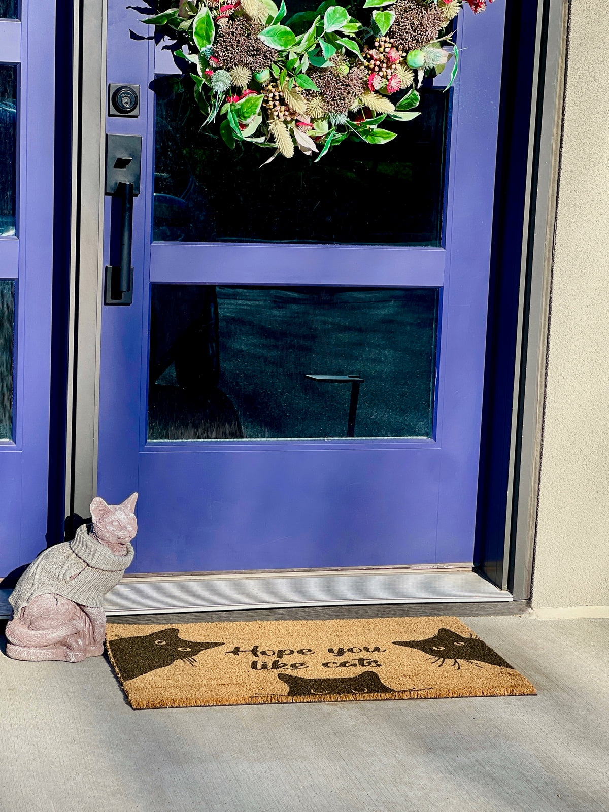Purple door with wreath, doormat, and cat in sweater at entrance