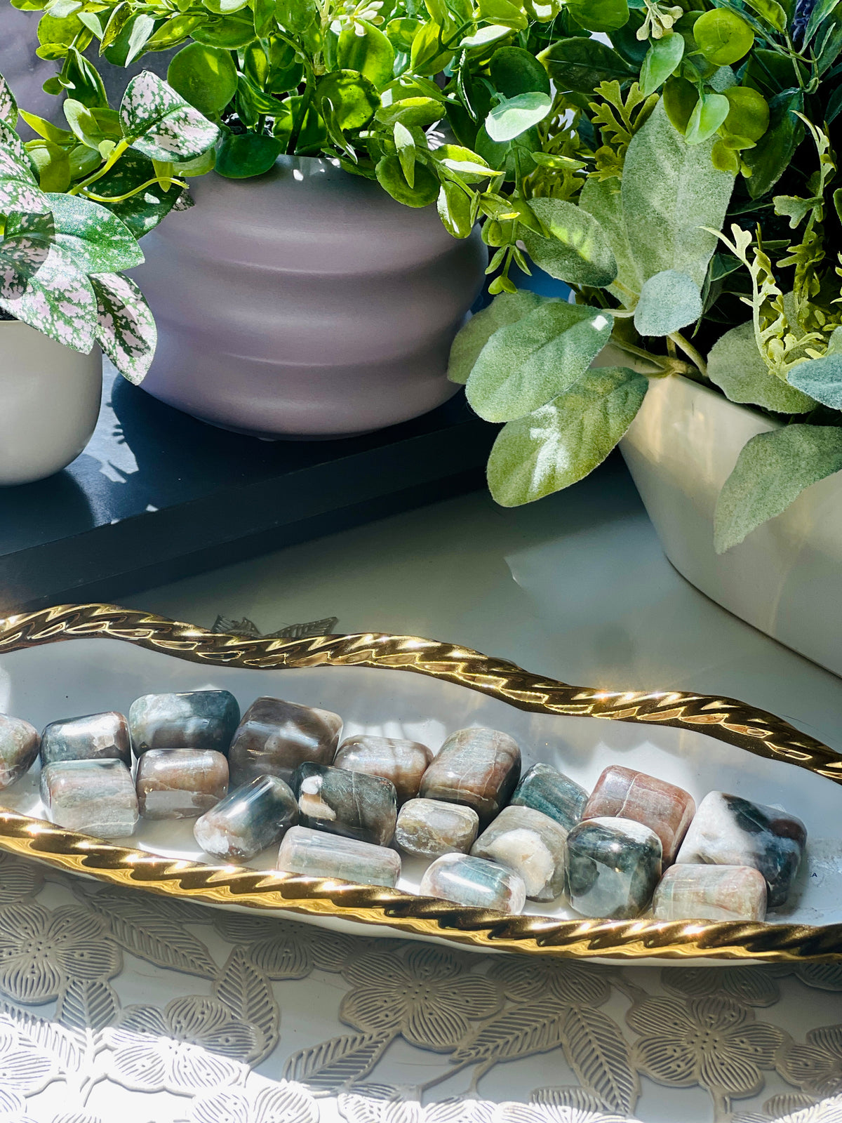 Decorative tray with stones, gold rim, and plants in the background