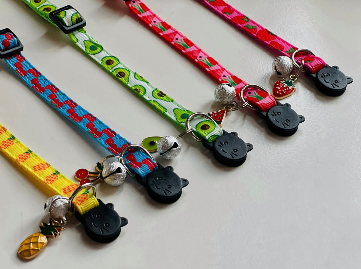 Colorful cat collars with decorative charms on a light background