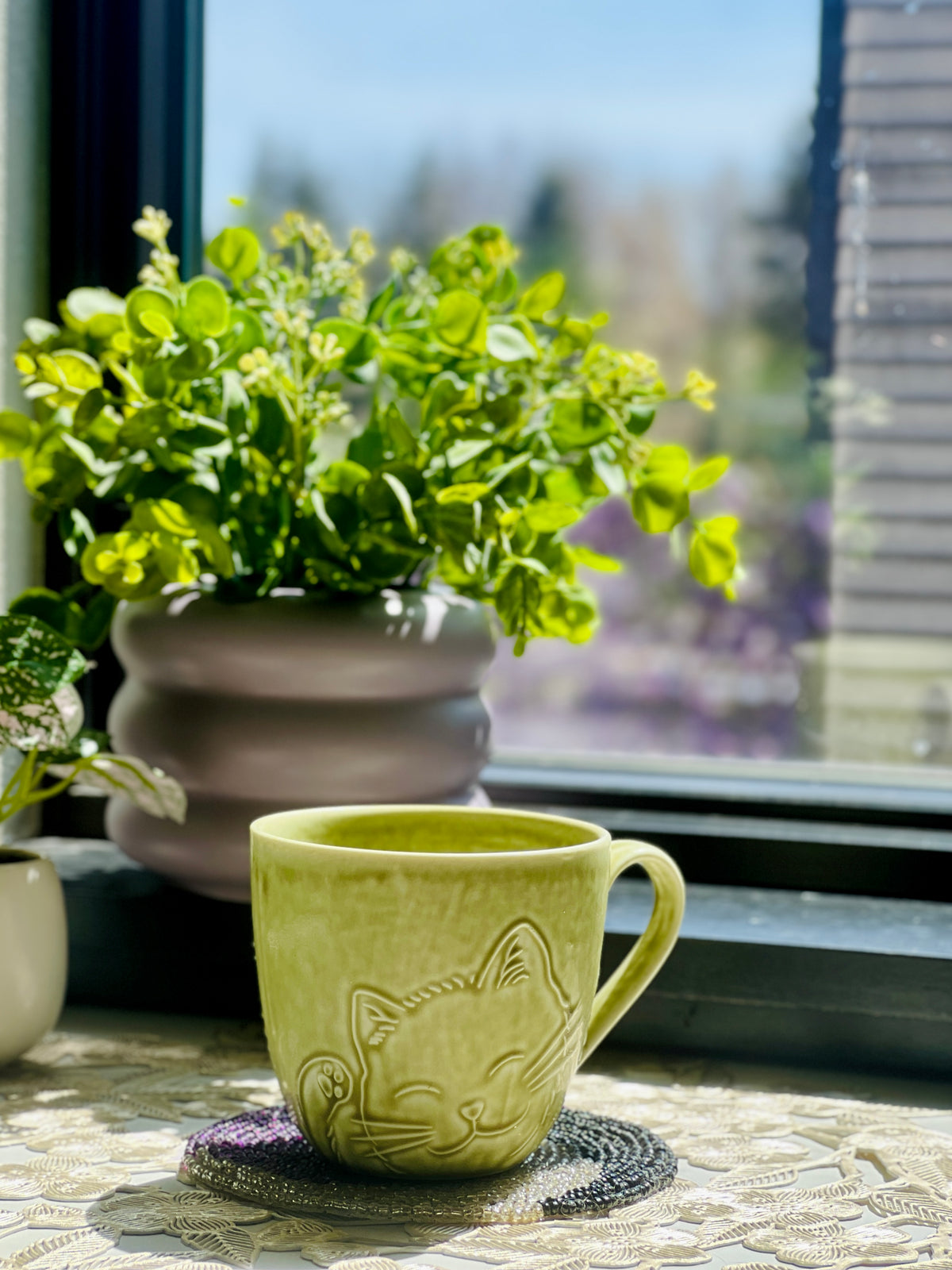 Green ceramic mug with cat design on a table by a window with plants