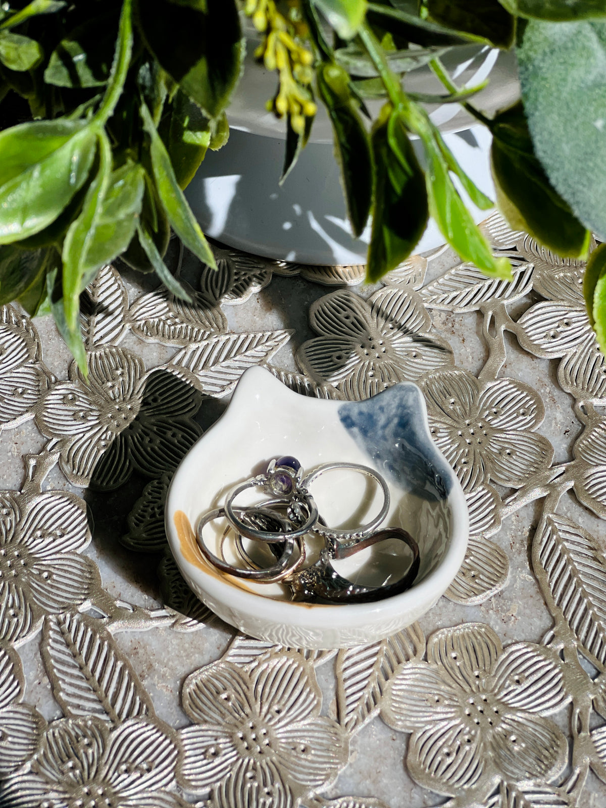 Silver rings in a decorative white dish on a textured surface with greenery.
