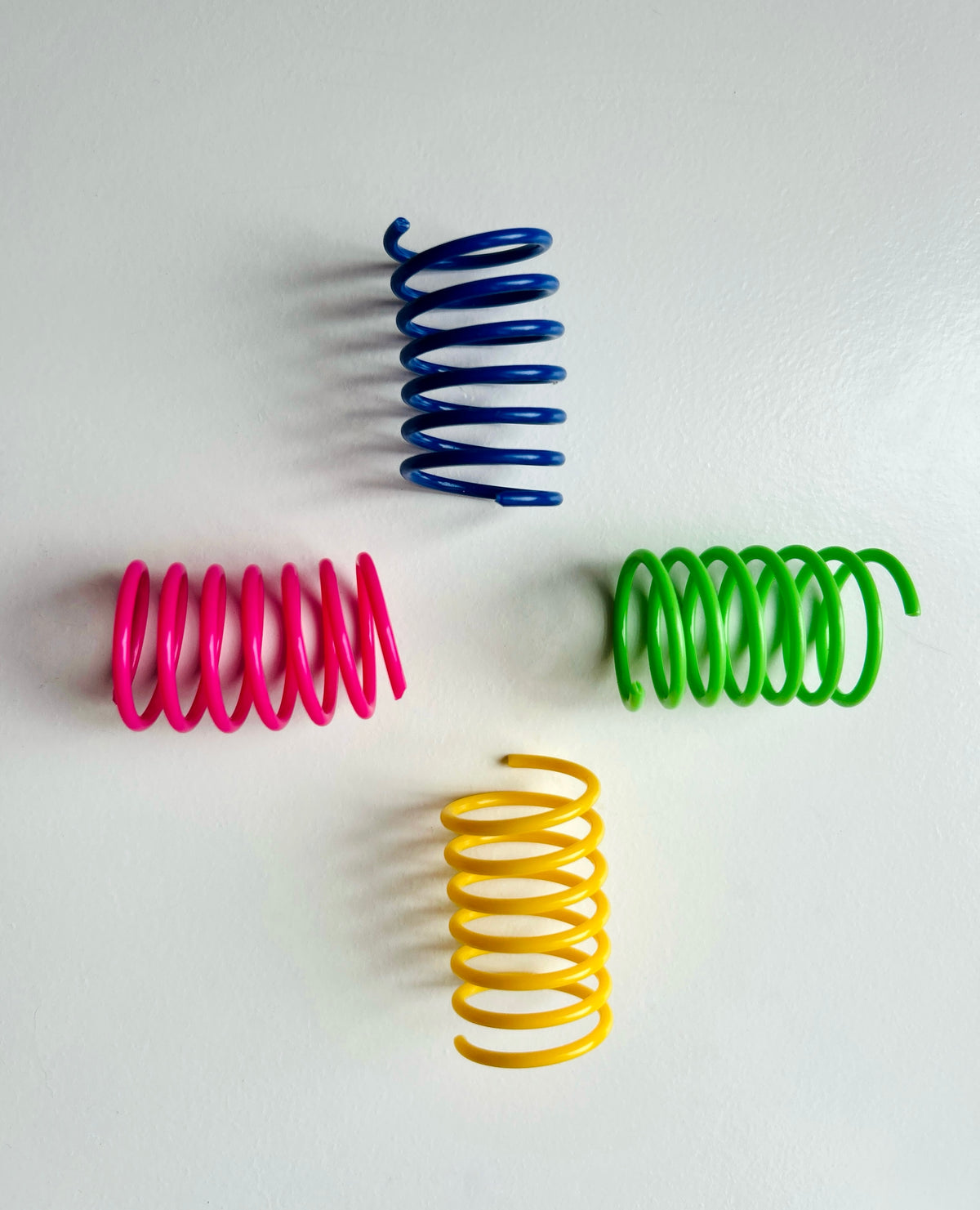 Four colorful cat coil spring toys in blue, pink, green, and yellow, arranged in a square pattern on a plain white background.