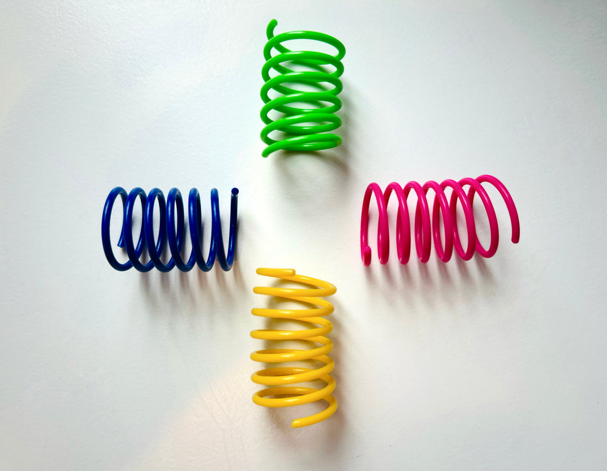 Four colorful cat coil spring toys in blue, green, yellow, and pink, arranged in a cross pattern on a plain white background.